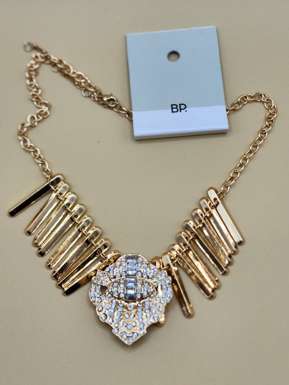 NEW Statement Polished Gold Fringe Rhinestone Center Dressy Runway Necklace